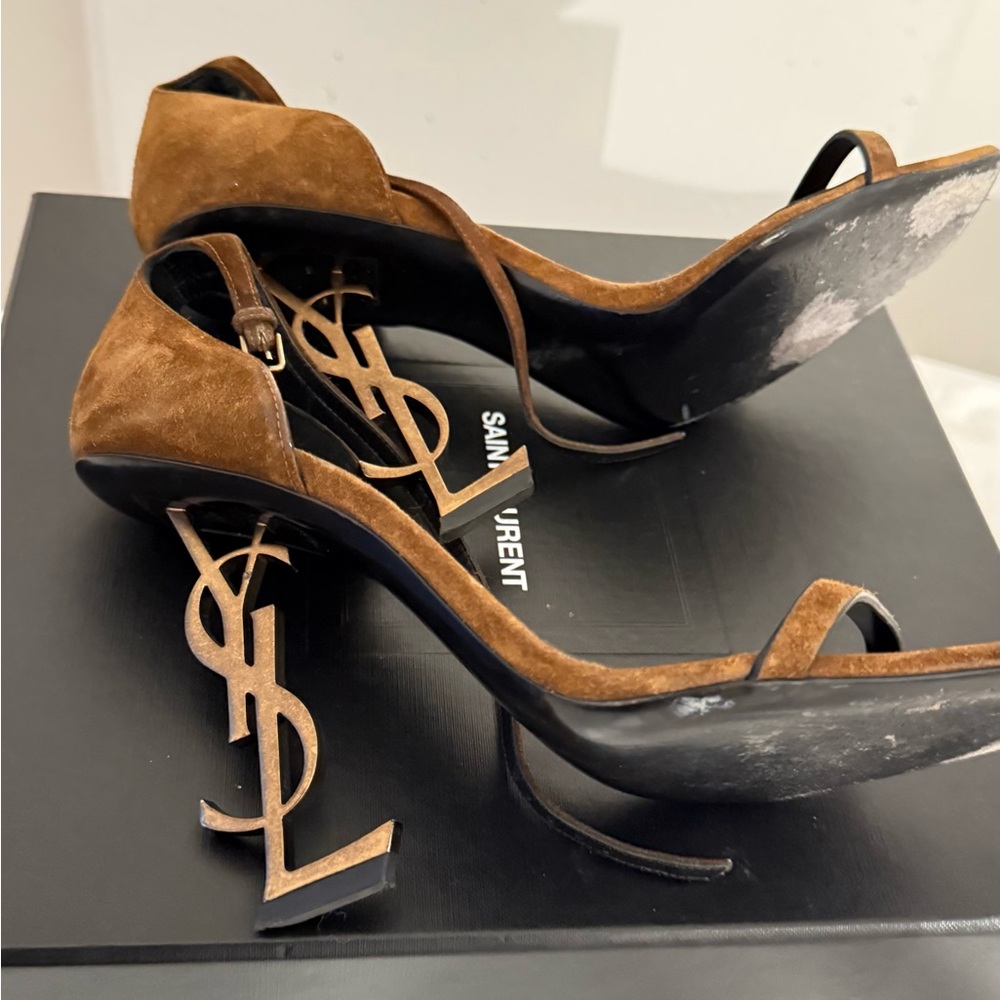 Saint Laurent Tan Suede Logo Heels